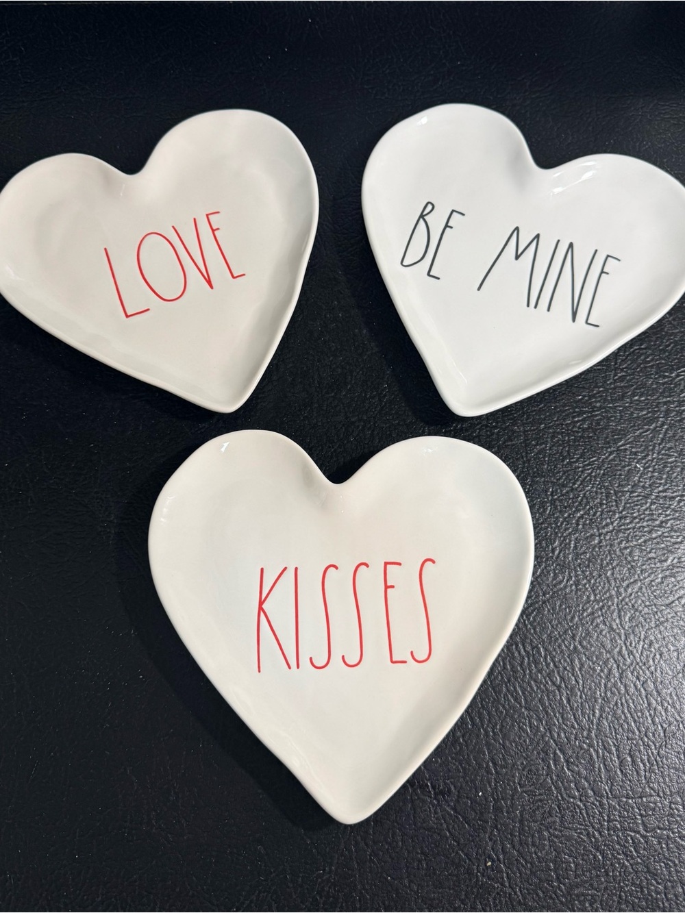 White Heart Dishes with 'Love', 'Be Mine' and 'Kisses' Text